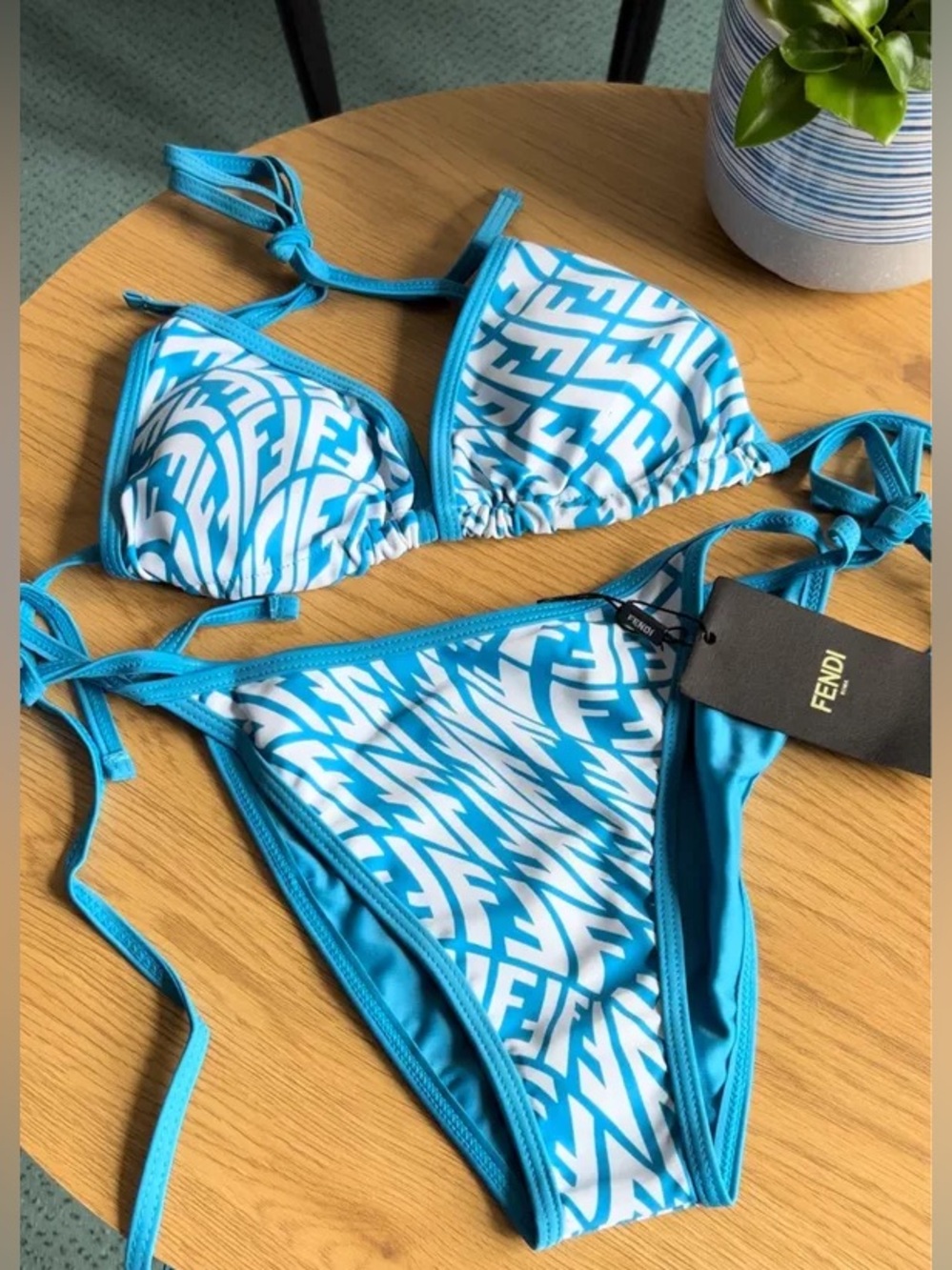 Fendi Turquoise & White Logo Print Triangle Bikini